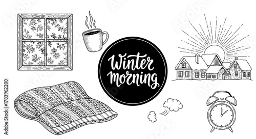 Cozy winter morning: hand drawn elements with snowflakes, coffee, blanket, and sunrise