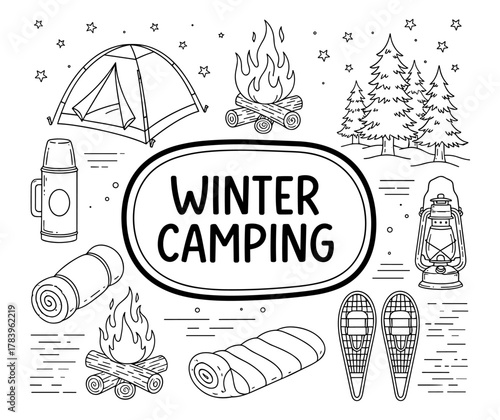 Winter camping essentials in black and white line art style