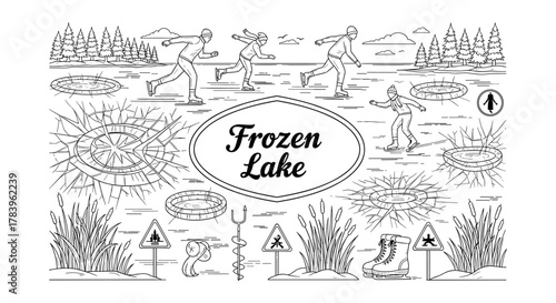 Outdoor ice skating on frozen lake with safety gear and winter landscape elements