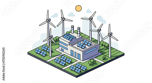 Renewable energy landscape with solar panels and wind turbines in isometric design