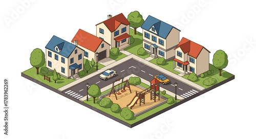 Charming suburban neighborhood with playground in isometric style