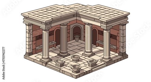 Ancient roman courtyard in isometric design featuring classical columns and stone architecture