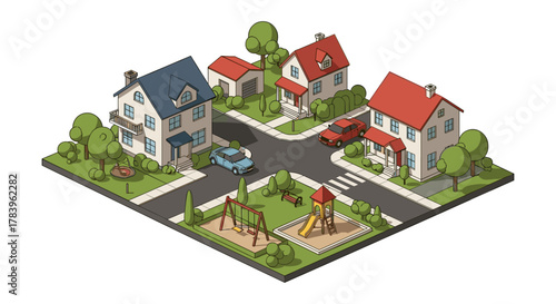 Charming isometric suburban neighborhood with houses, playground, and cars