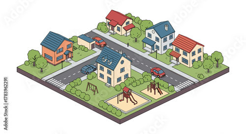 Charming isometric neighborhood scene with colorful houses and playground on a sunny day