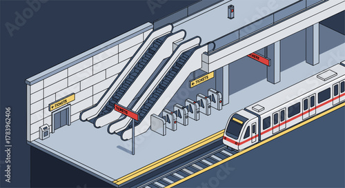 Modern urban isometric subway station with train and escalators
