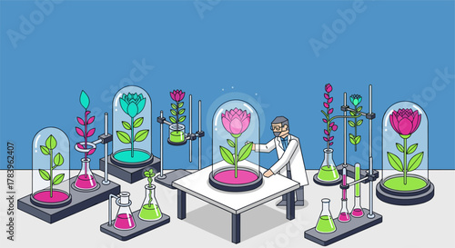 Scientist cultivating futuristic plants in laboratory with advanced glass equipment