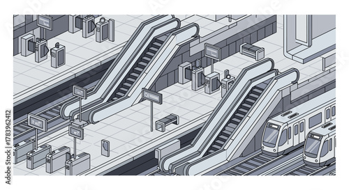 Isometric subway station scene with escalators and train platforms