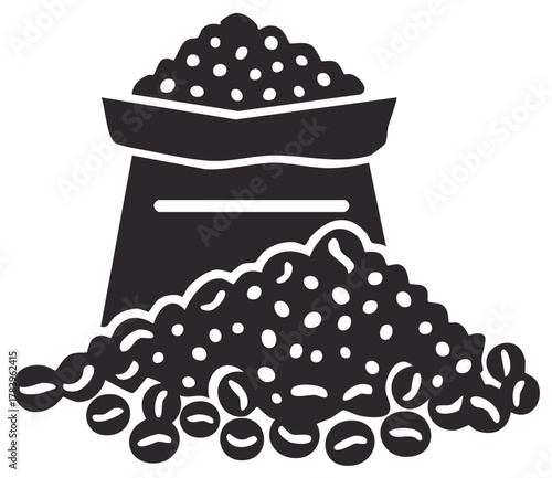 Bag of coffee beans spilling out onto a pile of beans