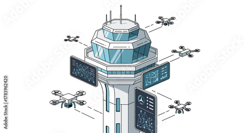 Isometric control tower with drones and digital interfaces in futuristic sky surveillance