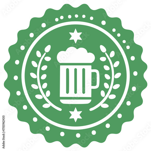 Festive green beer mug emblem with foamy beverage, laurel wreath, stars, and decorative border