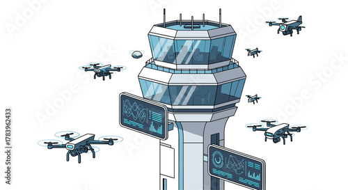 Futuristic control tower with drones in flight for modern air traffic management