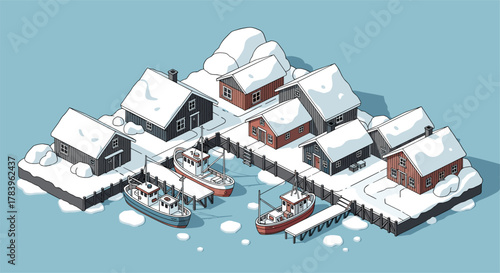 Winter coastal village isometric scene with snow-covered houses and boats