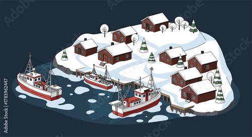 Snowy coastal village with fishing boats and scandinavian cabins in winter
