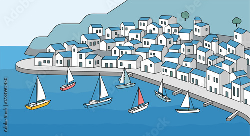 Picturesque coastal village with sailboats in a calm harbor scene