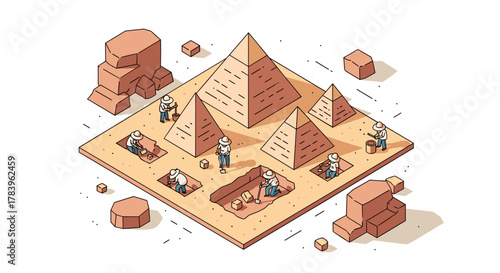 Isometric ancient pyramid excavation with archaeologists in a desert setting