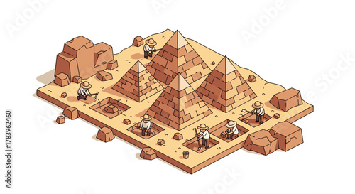 Isometric archaeological excavation of pyramids in desert scene with archaeologists