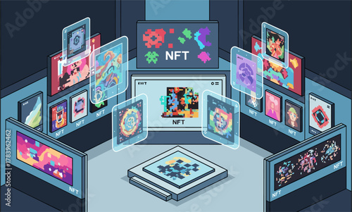 Isometric digital art gallery displaying nft collections with futuristic holographic elements