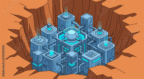Futuristic technology hub buried underground in a crater with sci-fi architecture design