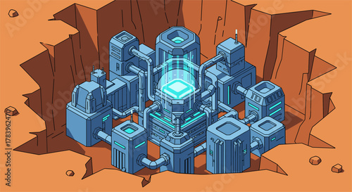 Futuristic isometric technology hub with geothermal energy core in desert terrain