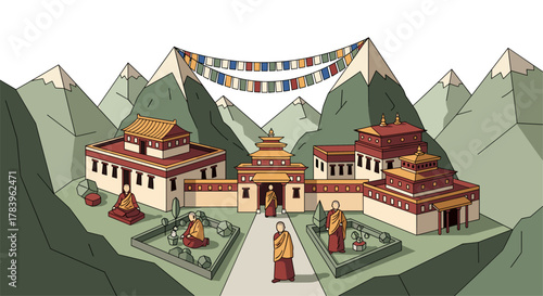 Tranquil tibetan monastery in mountain landscape with prayer flags