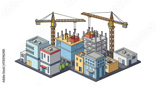 Isometric city construction with cranes and buildings in progress