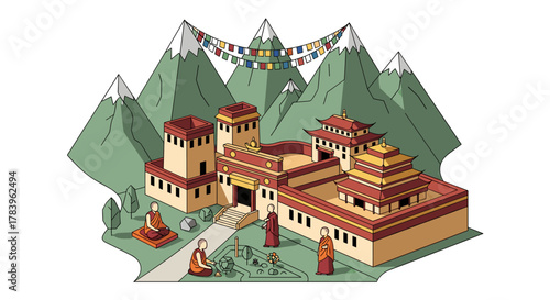 Majestic mountain monastery with monks and prayer flags in a flat style landscape