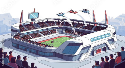 Futuristic stadium with airshow and dynamic football match