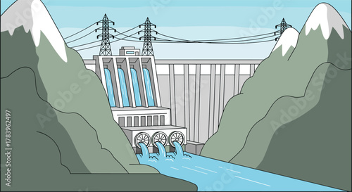 Hydroelectric dam in mountainous landscape with flowing water and power lines