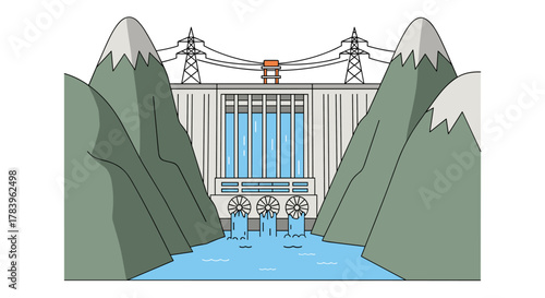 Hydroelectric dam in mountainous landscape with flowing river in flat design