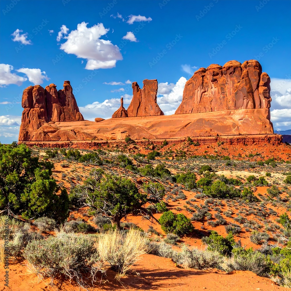 Fototapeta premium Arid landscape with prominent sandstone formations under a blue sky