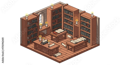 Cozy medieval library with bookshelves and candlelit ambiance in isometric view