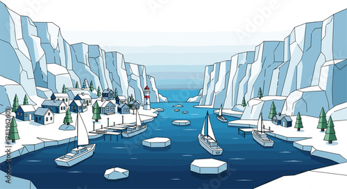 Coastal village in icy fjord landscape with sailboats and lighthouse in low poly design