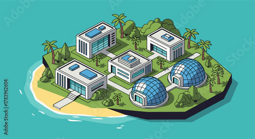 Modern beachside resort with futuristic dome houses and greenery