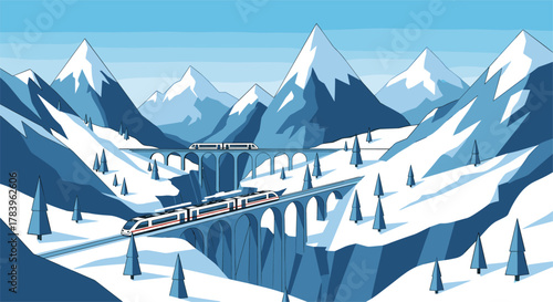 Scenic winter train journey through snowy mountains with majestic peaks