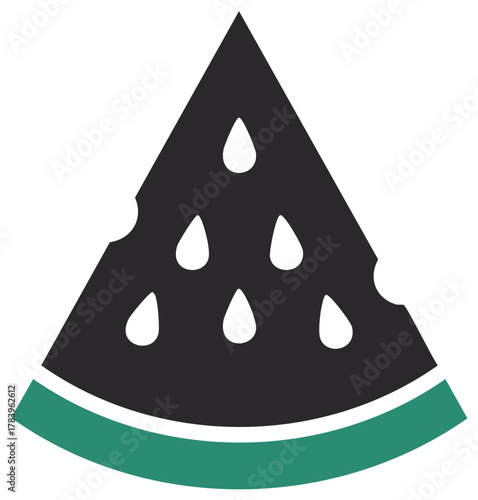 Stylized slice of watermelon with black flesh and white seeds
