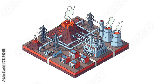 Isometric industrial scene with geothermal power plant and volcanoes