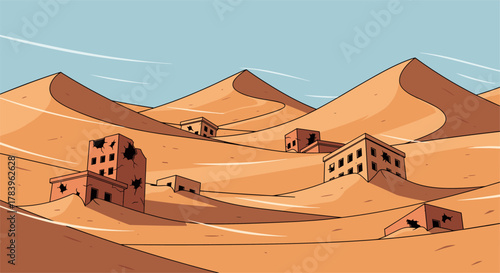 Abandoned buildings in rolling desert sand dunes under clear blue sky