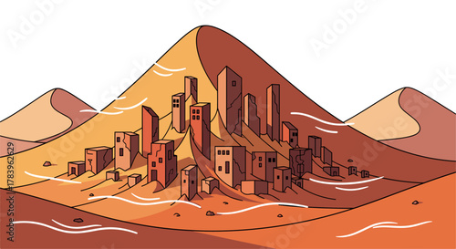 Abstract desert cityscape with contemporary buildings and sand dunes