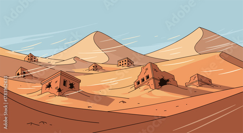 Desert landscape with abandoned buildings and windswept sand dunes