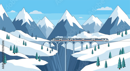 Stunning winter landscape with modern train crossing mountain viaduct amidst snow-capped peaks and pine trees