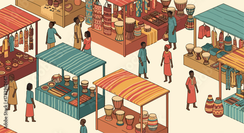 Vibrant market scene with stalls selling traditional handicrafts and colorful fabrics