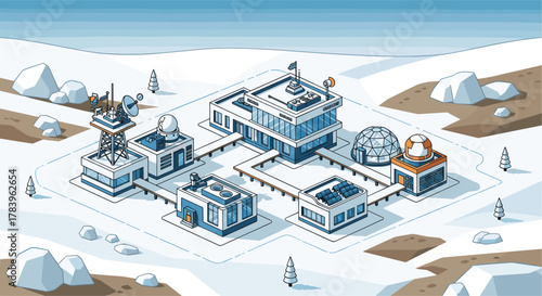 Futuristic polar research facility with modern buildings and icy landscape