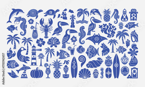 Tropical Paradise Icons Vector Collection Sea, Nature, and Island Elements