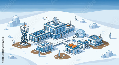 Modern polar research station in winter landscape with blue tones