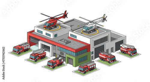 Modern isometric fire station with helicopters and fire trucks
