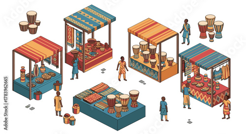 Isometric african market scene with colorful stalls and diverse goods