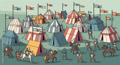 Medieval knight encampment: vibrant tent and soldier scene