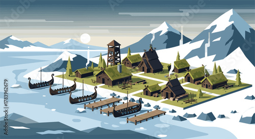 Viking village in winter landscape with longships and nordic architecture in glacier surroundings