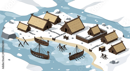 Isometric viking village with snow, boats, and wooden houses on a river
