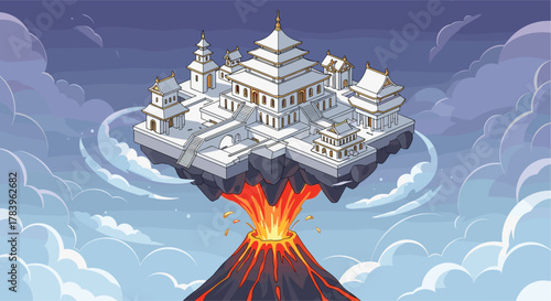 Floating temple over an erupting volcano in a fantasy sky setting